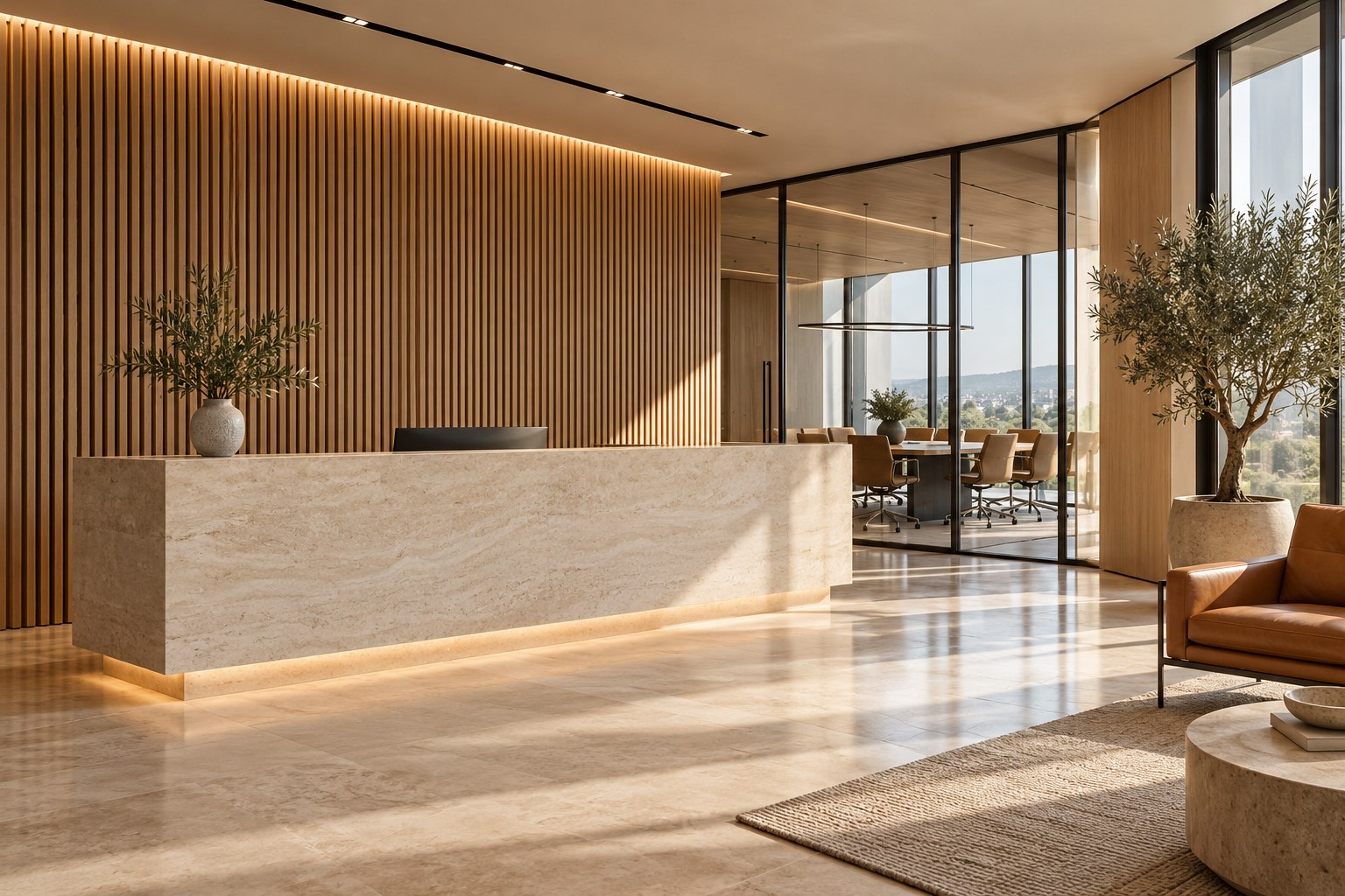Illustrative concept of a refined commercial workplace reception